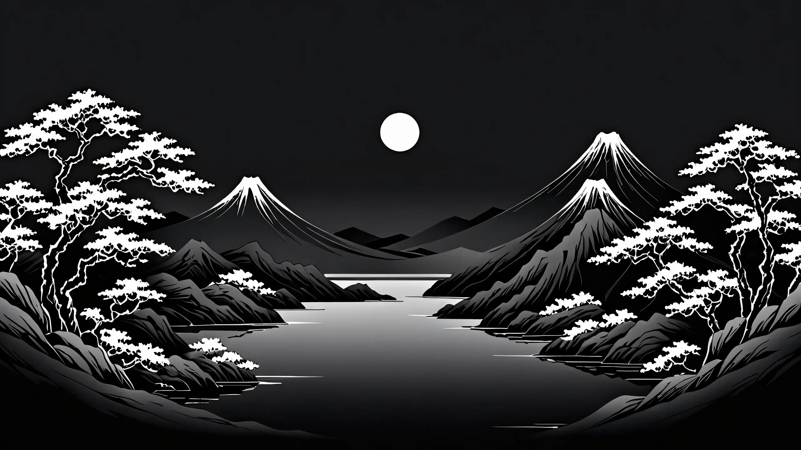 Two snow-capped cones flank a moonlit lake in stylized black and white, blossom trees framing both edges and the moon centred at top.