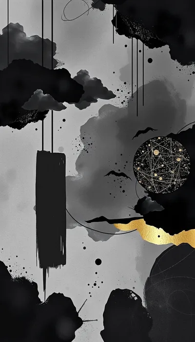 Ink Clouds with Gold Brush Strokes HD Phone Wallpaper