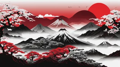 Snowy Peaks and Red Suns in Ink HD Wallpaper