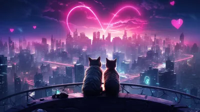 Two Cats on a Rooftop Above a Neon City HD Wallpaper