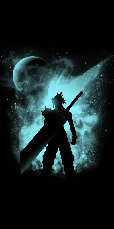Cloud Strife Silhouette in Blue Nebula HD Phone Wallpaper