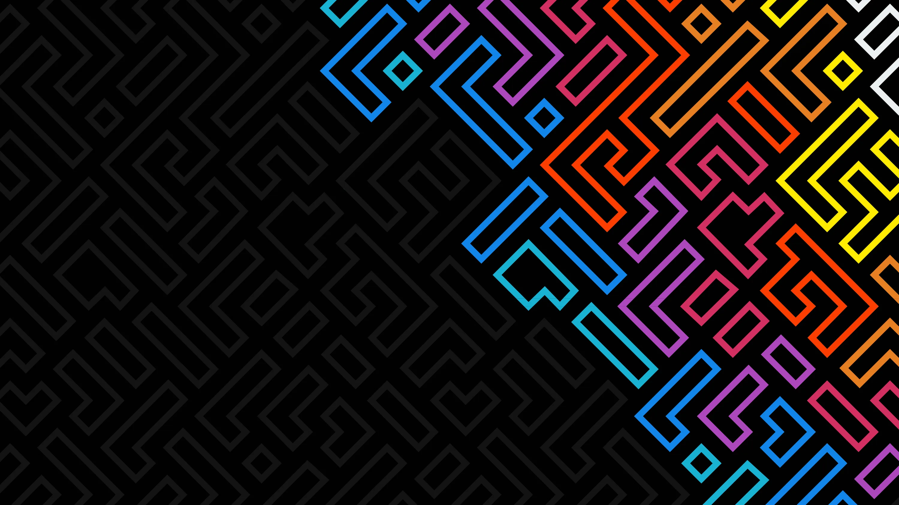 A labyrinth of right-angled lines covers the whole frame, black on black at the left and shifting through blue, pink and gold at the right edge.