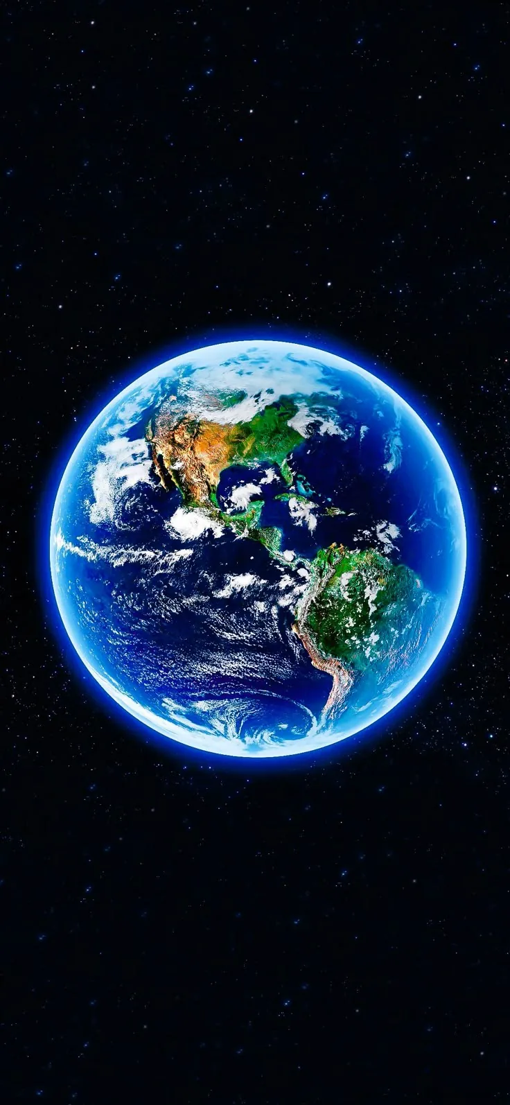 The Americas sit inside a neon-blue atmospheric ring centred mid-screen, star-flecked black above and below leaving the clock and dock areas clear.
