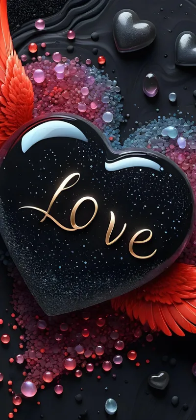Gold Love Script on a Black Glitter Heart HD Phone Wallpaper