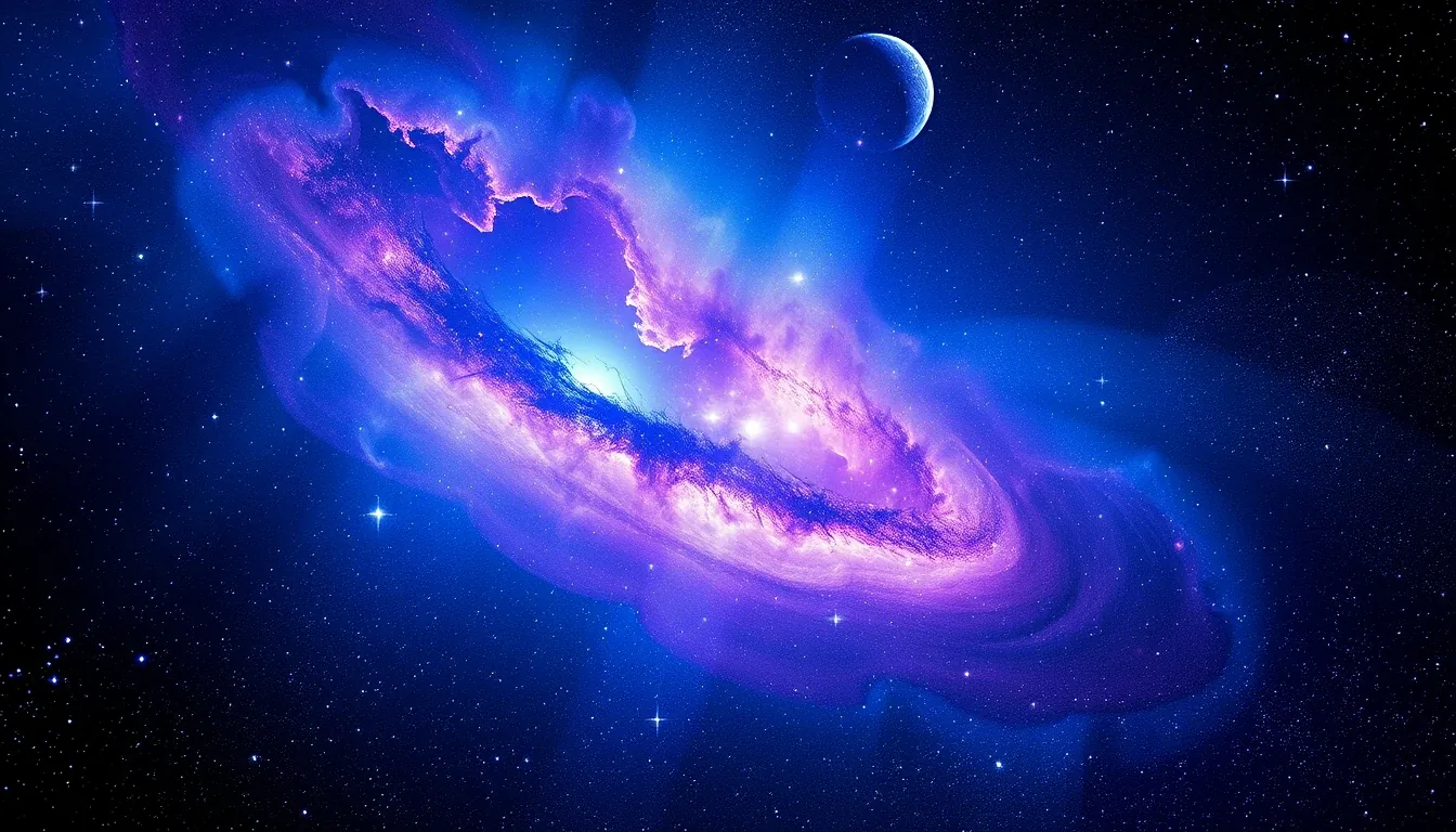 A galaxy blazes blue-white at its centre with pink arms curling around it, a pale moon caught in the upper right corner.