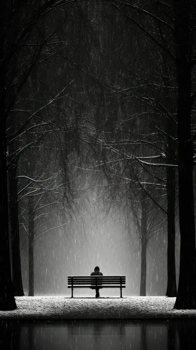 Lonely Bench in a Snowy Park at Night HD Phone Wallpaper