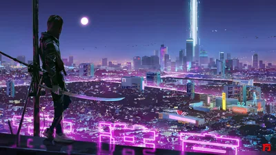Katana Fighter Above a Purple City HD Wallpaper