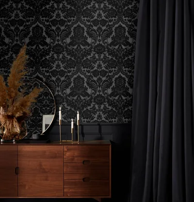 Gothic Damask Wall with Walnut Sideboard HD Phone Wallpaper