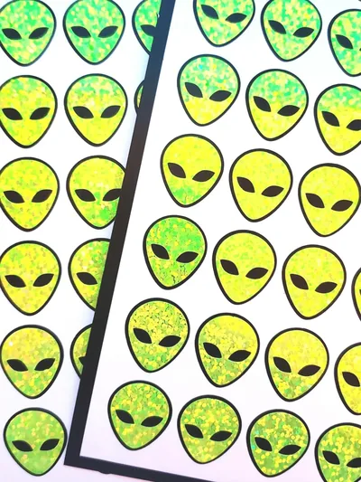 Sparkly Alien Head Stickers Neon Yellow & Black, Set