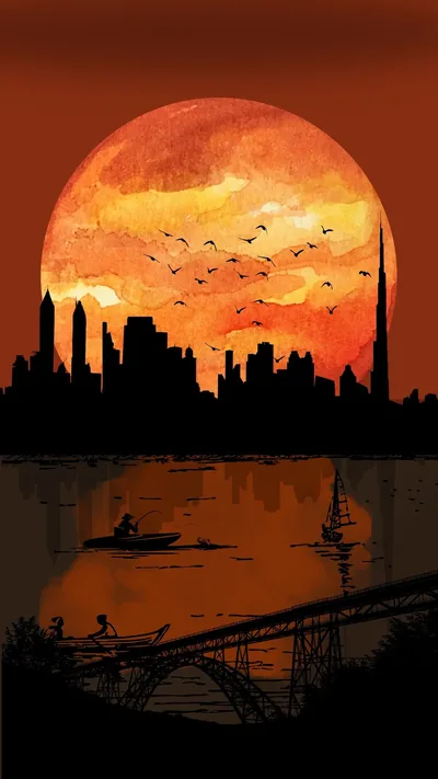 Orange City Skyline Illustration HD Phone Wallpaper