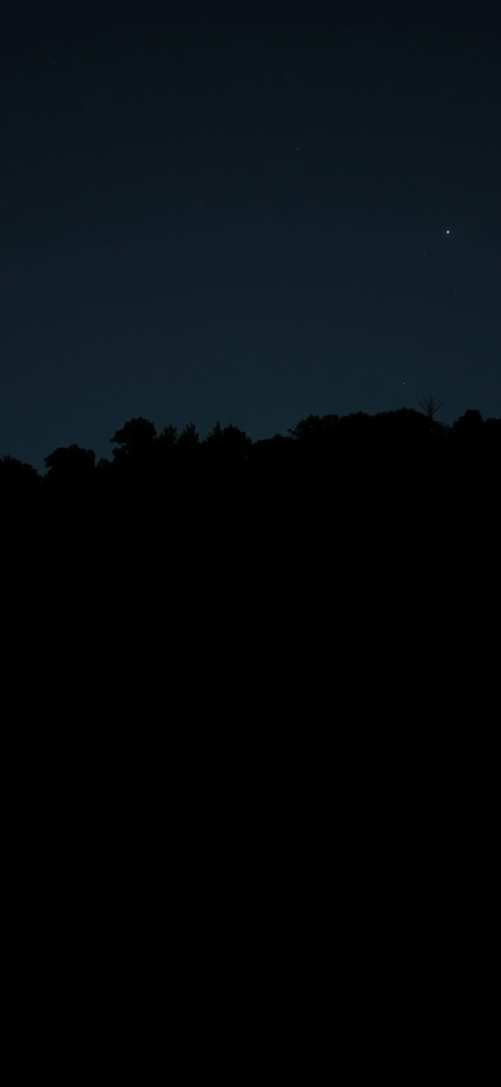 A black ridge of trees cuts across the lower frame under a deep blue sky, one star bright above the horizon.