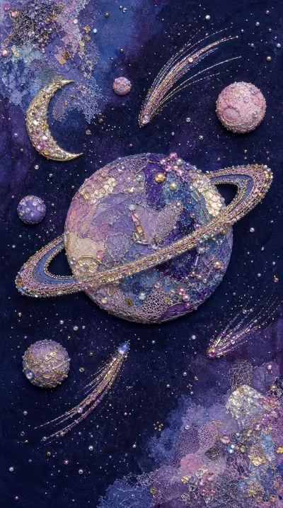 Glitter Planet Painting with Crescent Moon HD Phone Wallpaper