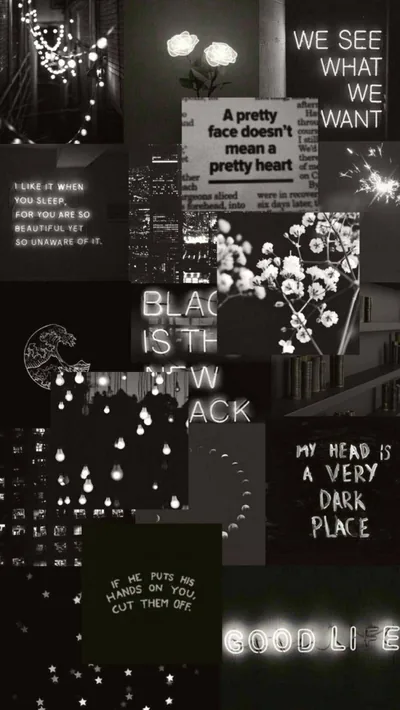 Grayscale Quote Collage with String Lights HD Phone Wallpaper