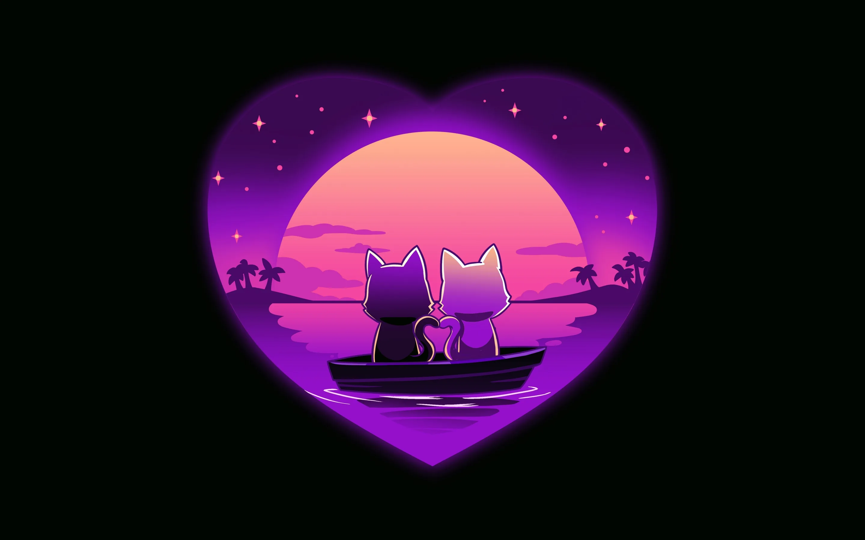 Two cats sit tail to tail in a small boat inside a heart-shaped window, a purple sunset and palm trees filling the cut-out.