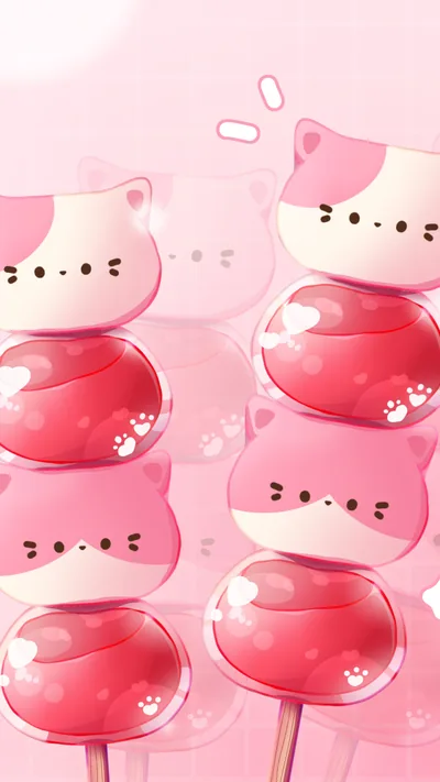 Two skewers of cat-head sweets and glossy red candy balls rise from the bottom, while the top third stays a soft empty pink for the clock.