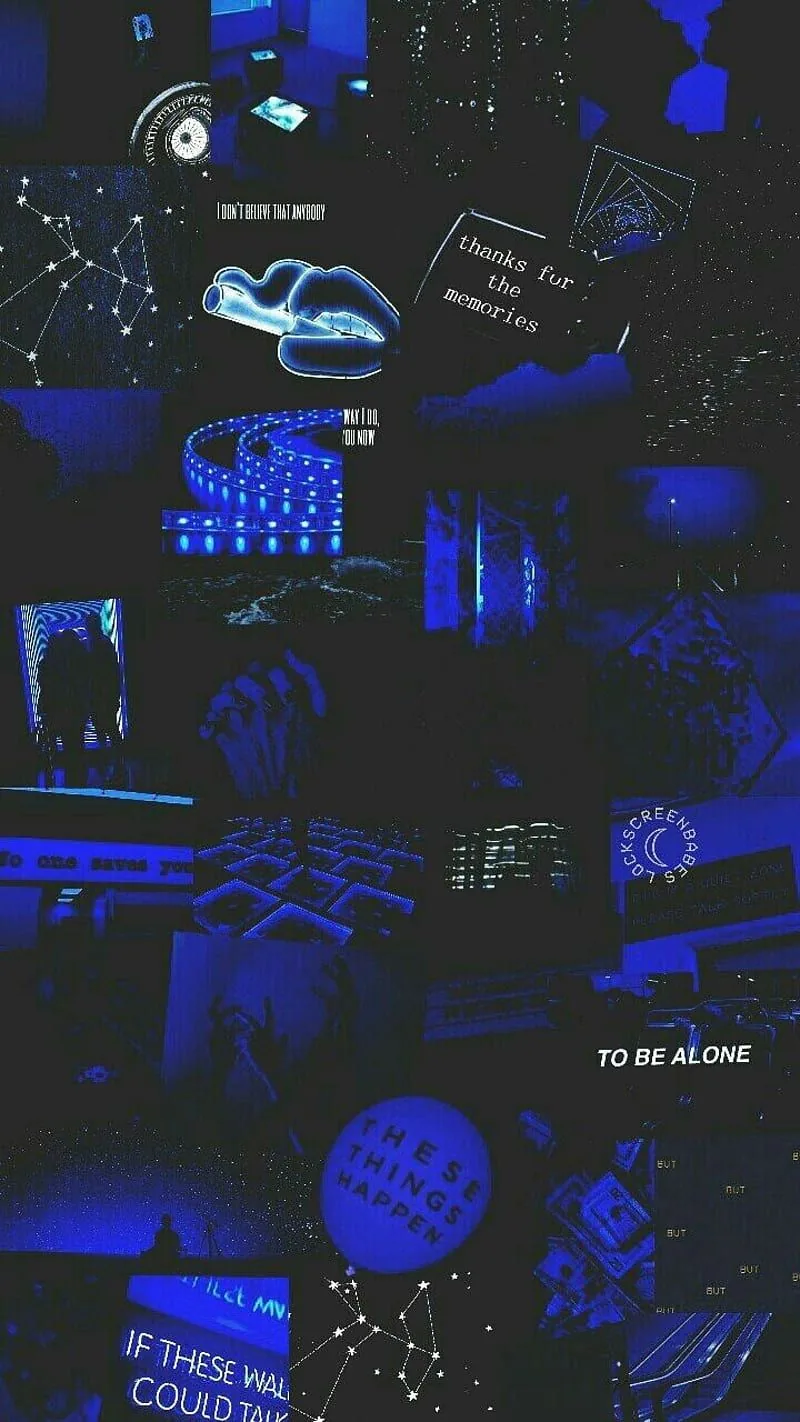 Small tiles of night photos, constellations and typed quote cards tiled edge to edge under one heavy blue colour cast.
