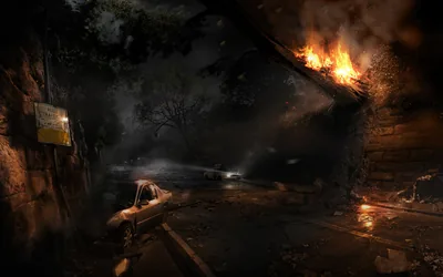 Burning House on a Dark Street HD Wallpaper