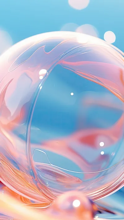 A pink glass bubble fills the frame against soft blue bokeh, its rim catching light along the left; the swirls inside only show at close range.