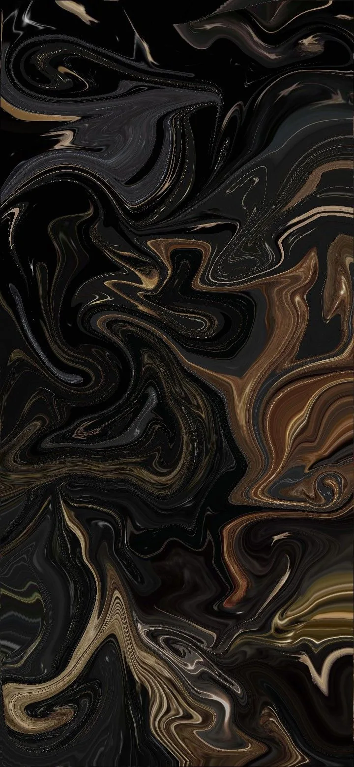 Gold and copper veins run through pooled black liquid in a poured marble effect, the strongest streaks gathering down the right side.