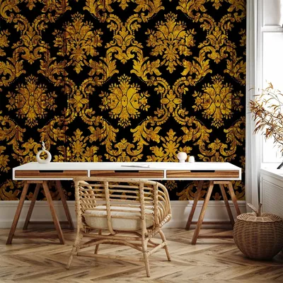 Photo Wallpaper Golden age regular ornaments in baroque style on a black background