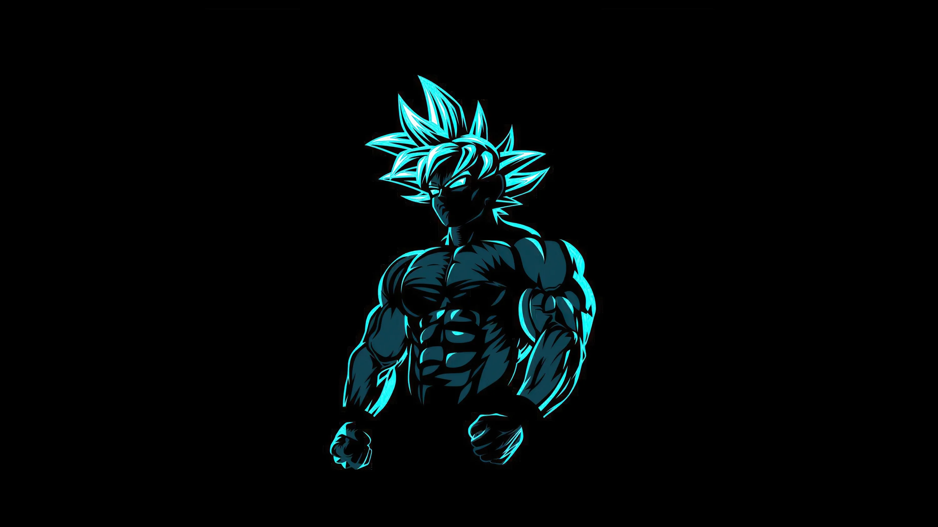 A muscular fighter drawn in flat black with a teal outline stands with fists clenched, spiked hair glowing against a pure black field.