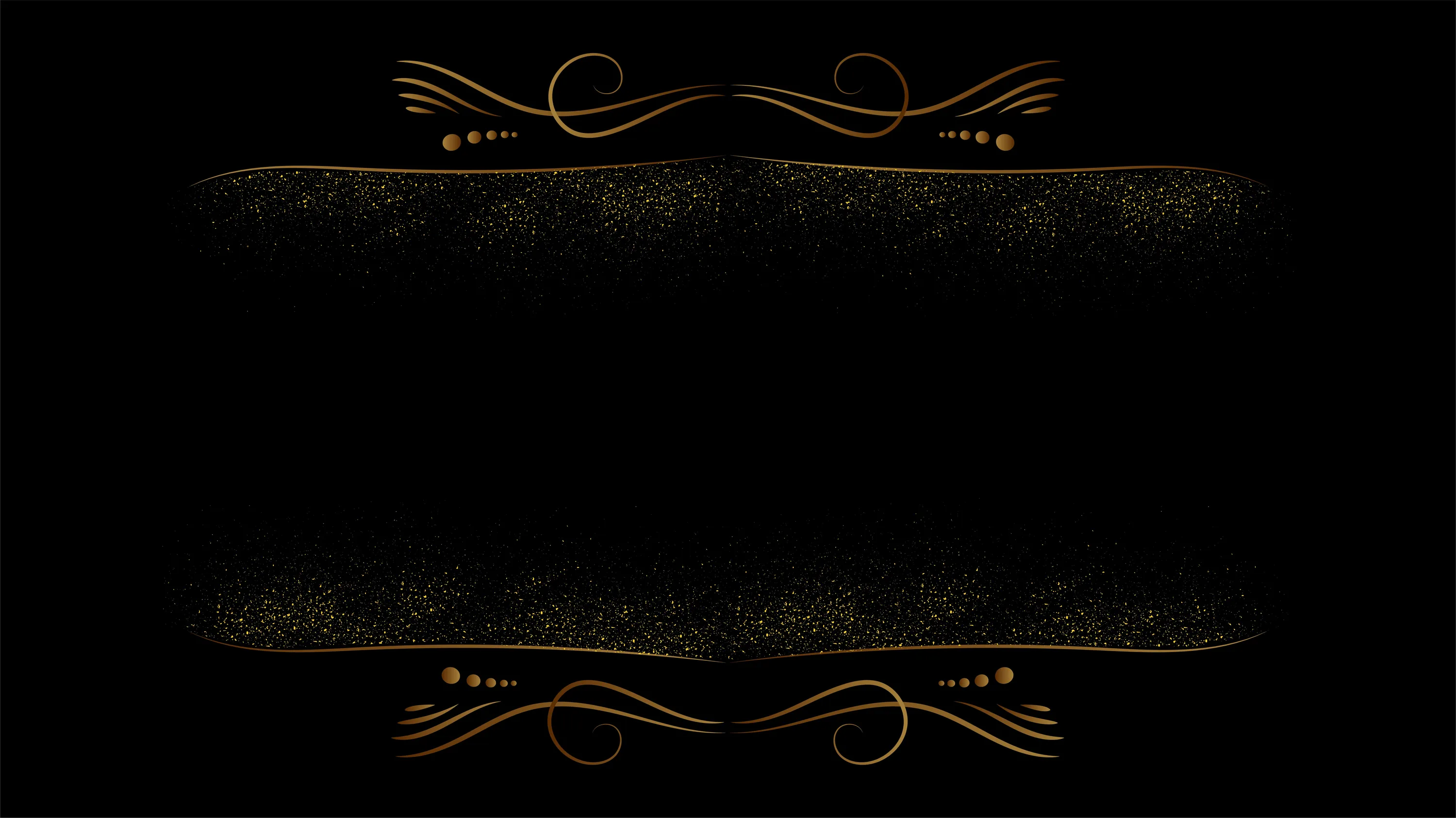 Glitter-dusted gold scrollwork borders the top and bottom edges, leaving a wide band of pure black through the centre where icons stay readable.