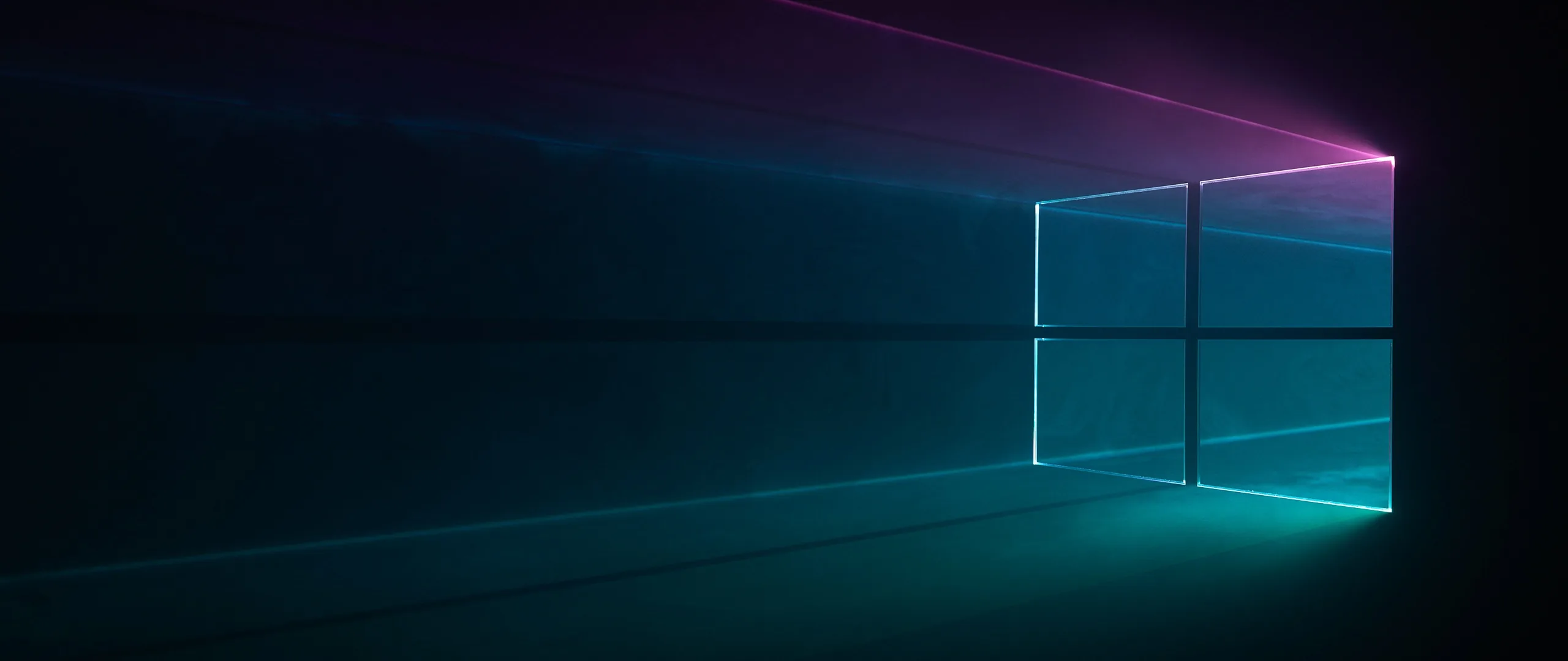 A thin window outline stands in a dark ultrawide space, teal light on the floor and pink light along the top.