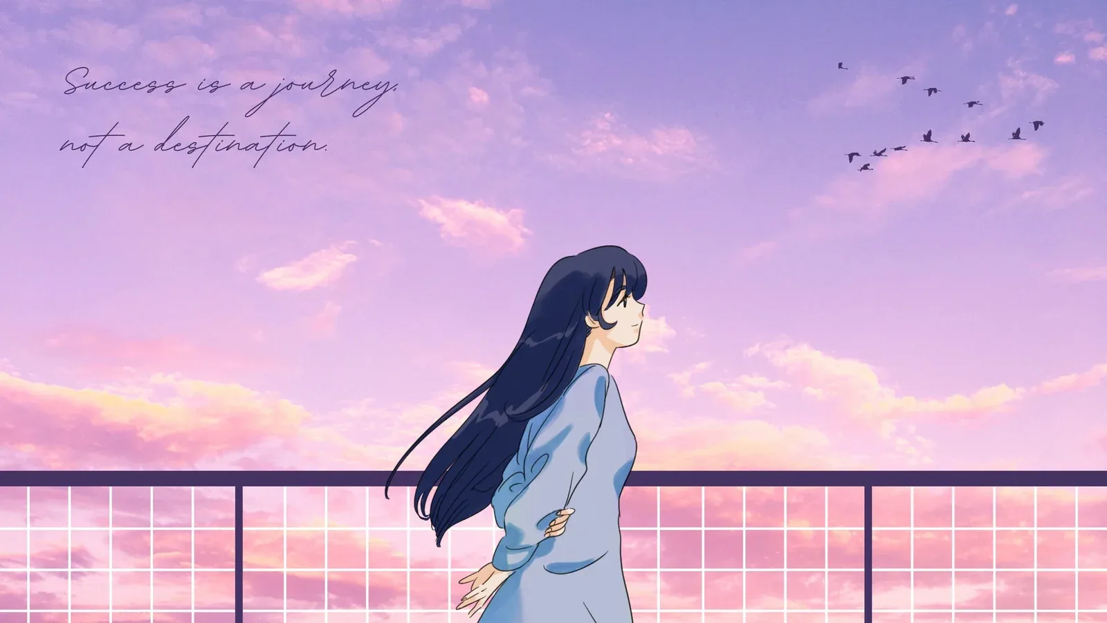 A girl in a pale blue coat leans on a balcony rail under a pink and lilac sky, a handwritten line of text in the top-left corner and birds crossing the right.