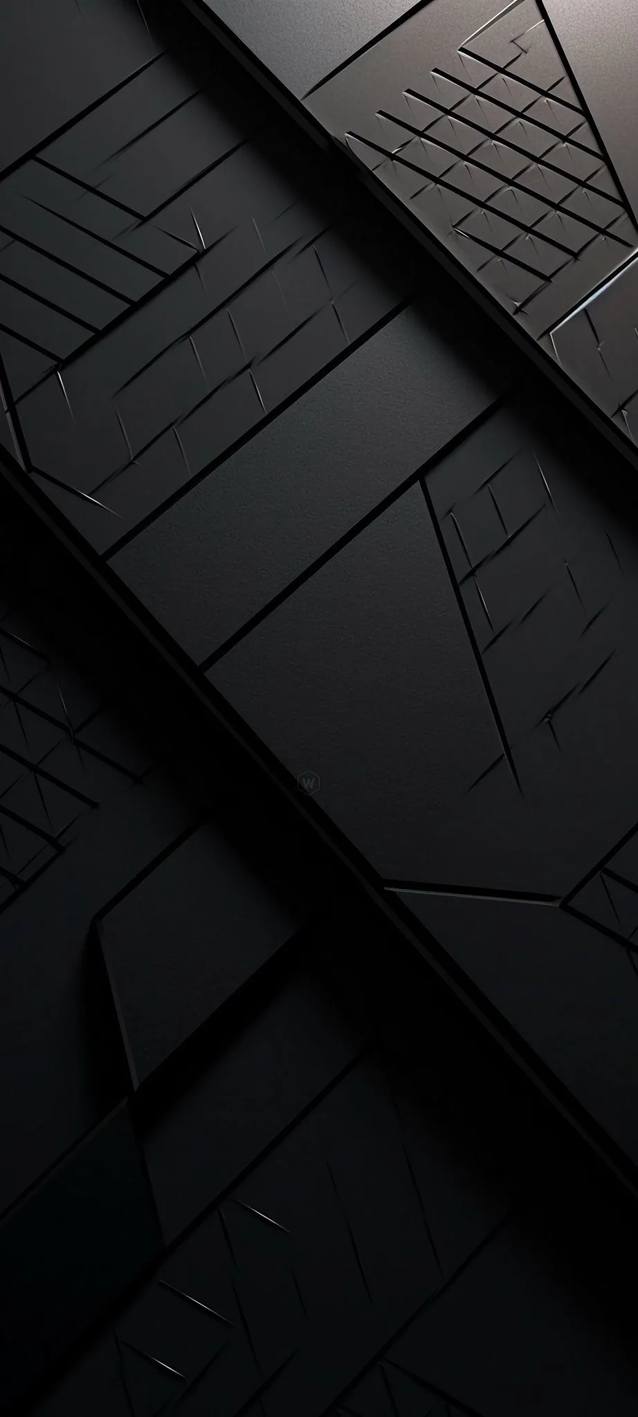 Angled slabs of dark panelling carved with fine circuit-style lines, a weak light entering from the top right while the lower half sinks to full black for icons.