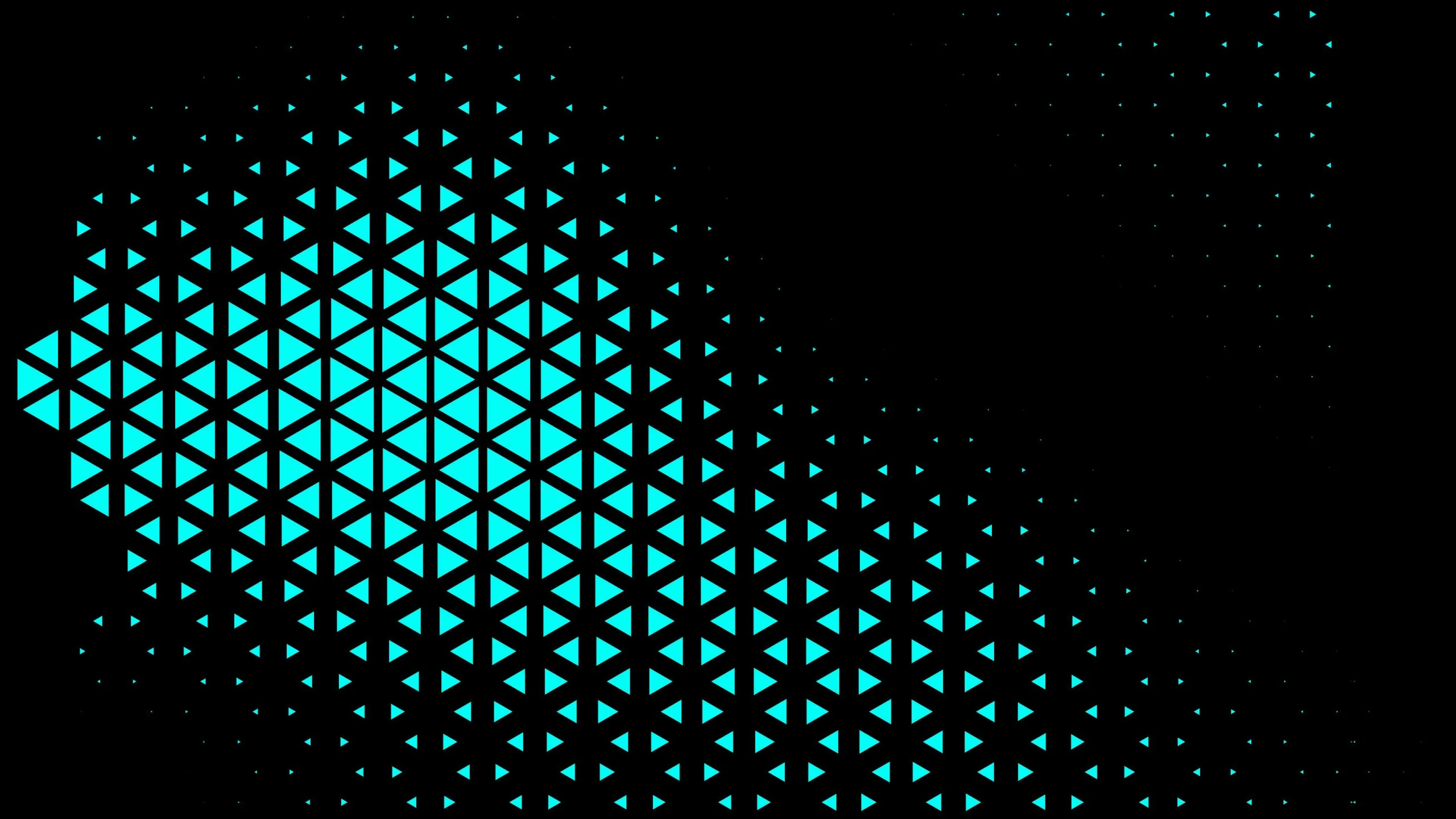 A halftone band of small cyan triangles cuts diagonally across the left half, thinning into stray specks that leave the right side almost pure black.