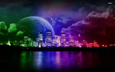 Rainbow City Skyline with a Rising Planet HD Wallpaper