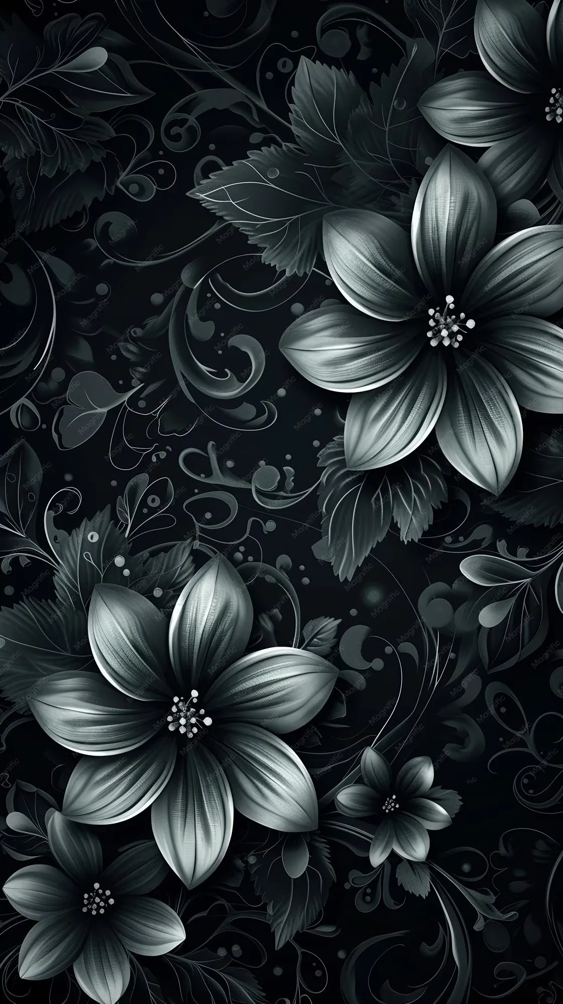 Two large five-petal flowers in polished silver sit over a black damask of scrolls and leaves, arranged for a tall phone screen.