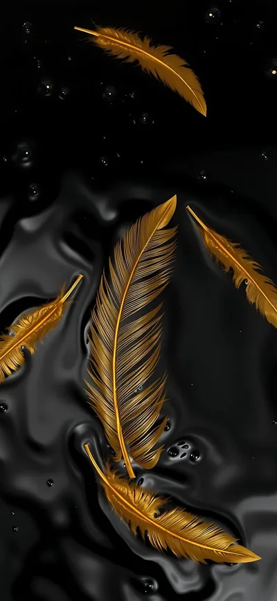 Golden feathers on a smooth black background create an elegant