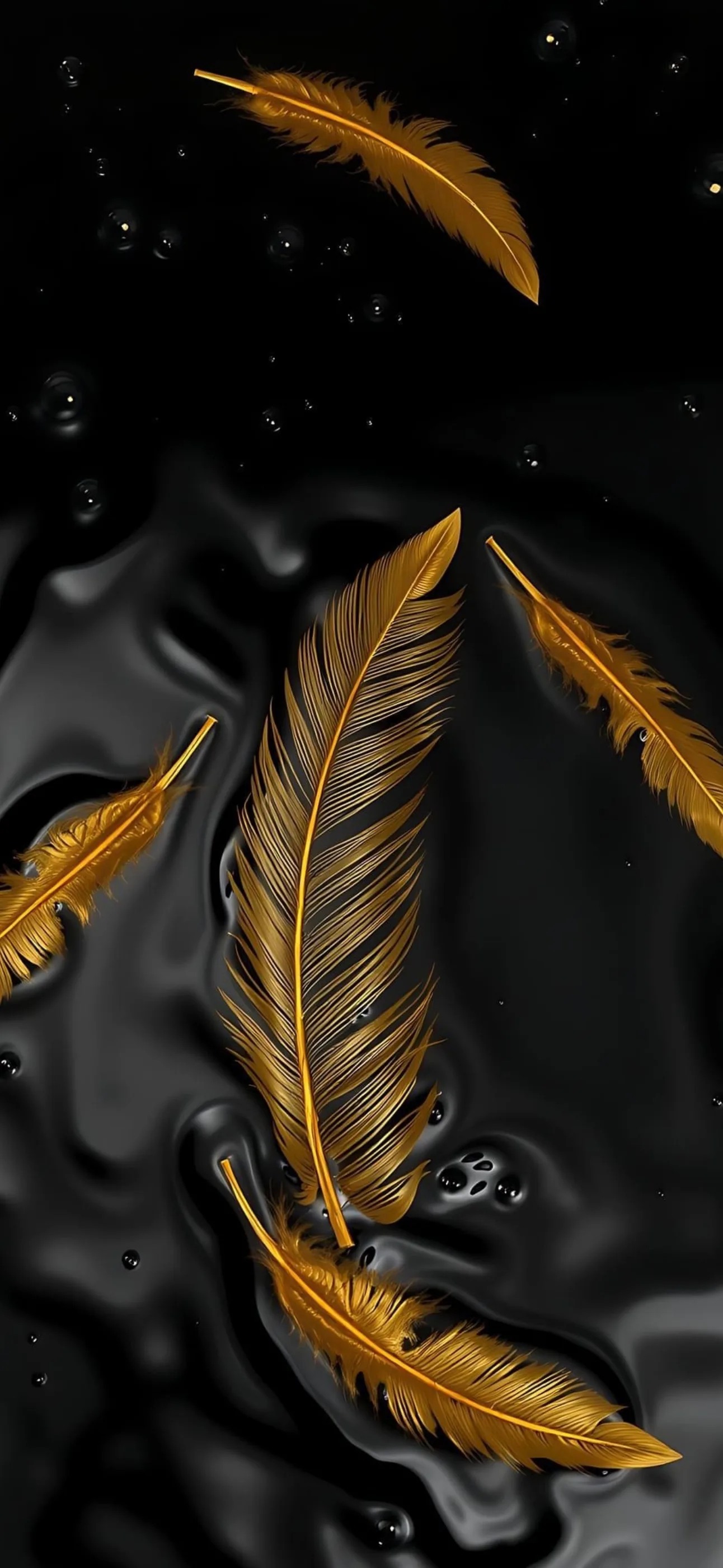 Golden feathers on a smooth black background create an elegant