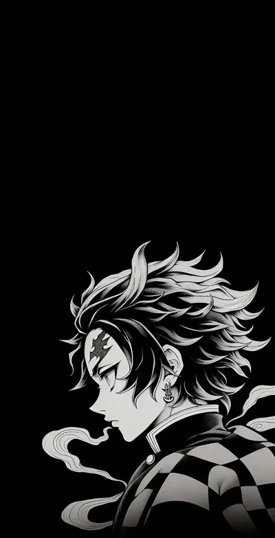 Manga-Style Tanjiro on Pure Black HD Phone Wallpaper