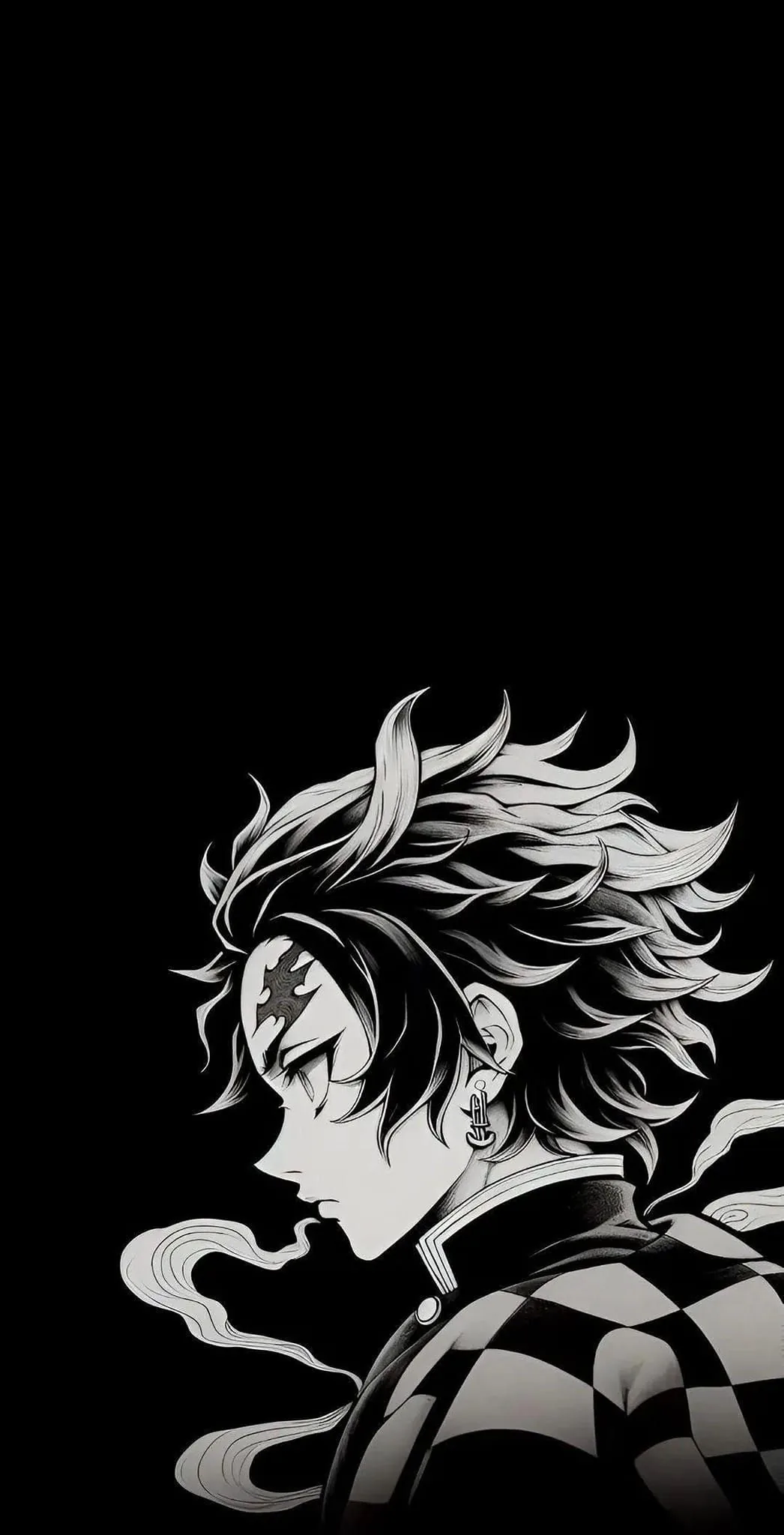 Tanjiro's profile in sharp black-and-white manga inks sits in the lower half, scar and checkered haori visible — the top half is pure black for the clock.