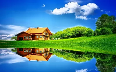 Country House Reflected in Blue Water HD Wallpaper