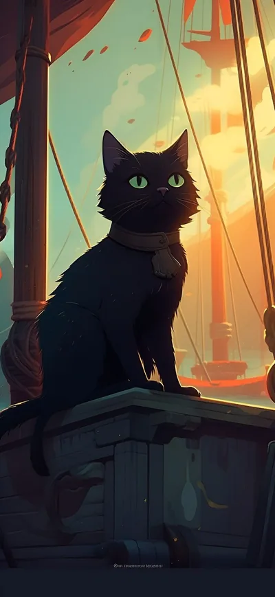 Black with Green Eyes Sitting on Front of Pirate Ship at Sunrise