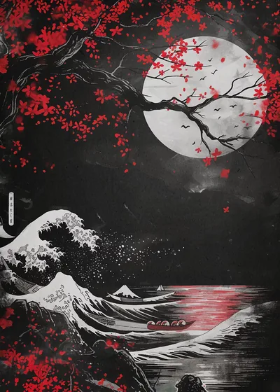 Full Moon and Red Blossoms over Waves HD Phone Wallpaper