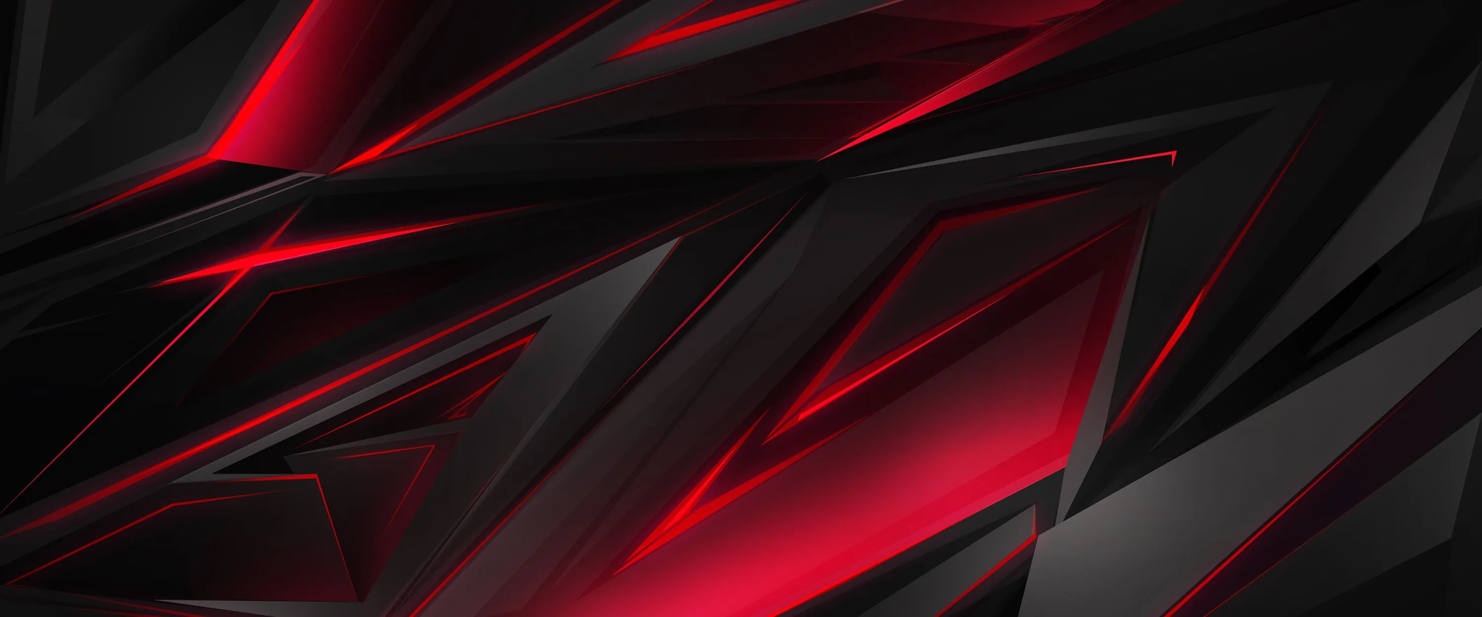 Angular dark grey planes cut across the frame at steep diagonals, thin red lighting running along the seams where they overlap.