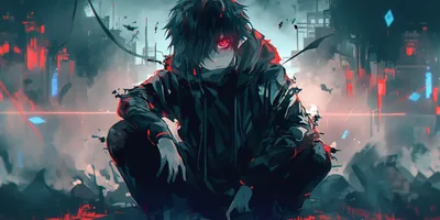 Anime Boy Crouching in a Neon Ruin HD Wallpaper