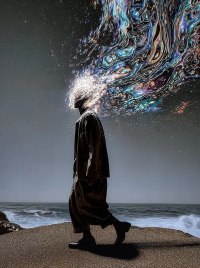 Person Walking a Shoreline with a Dissolving Head HD Phone Wallpaper