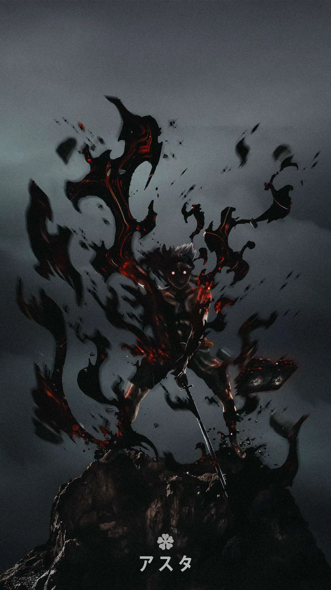 A horned figure rises from a rock as ragged black tendrils streak upward, red seams glowing through the dark mass.