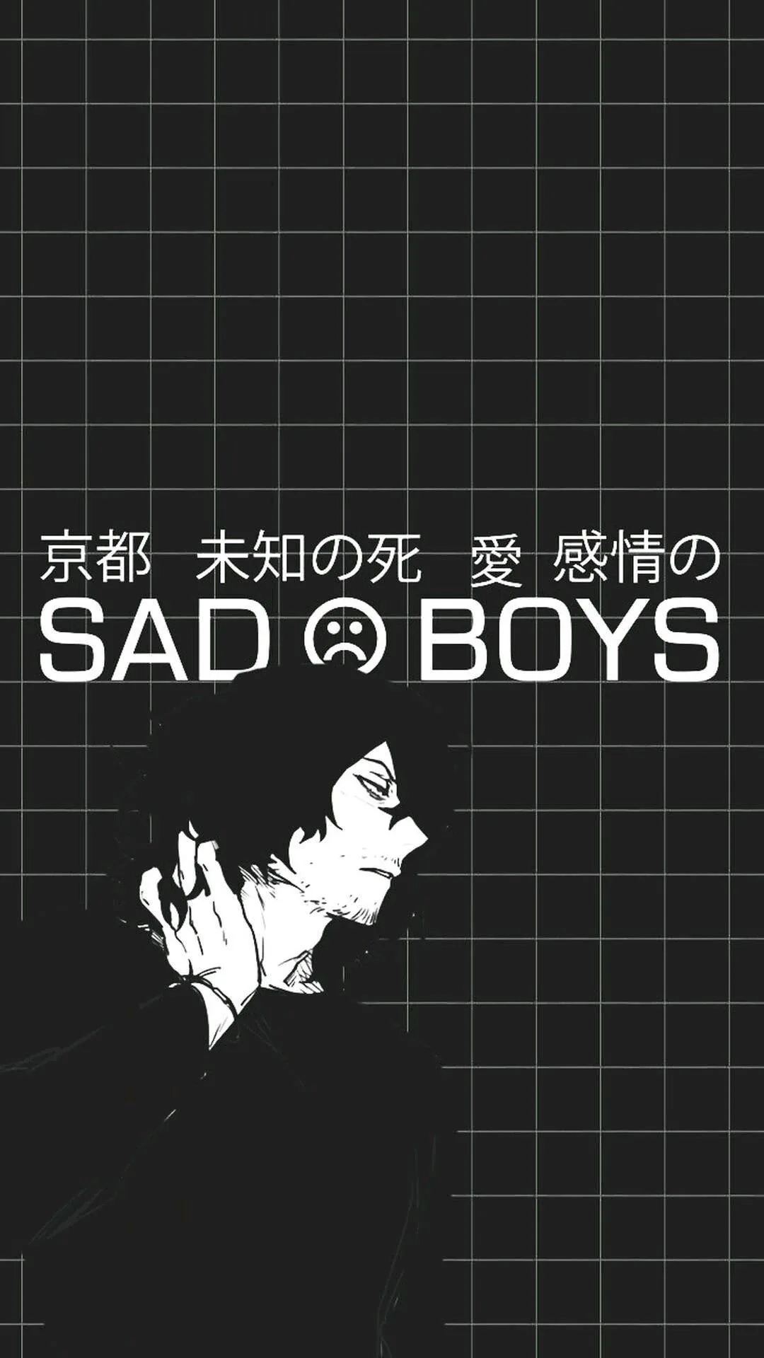 An anime boy in profile smokes below the words SAD BOYS on a fine white grid, Japanese characters set in a row across the top.
