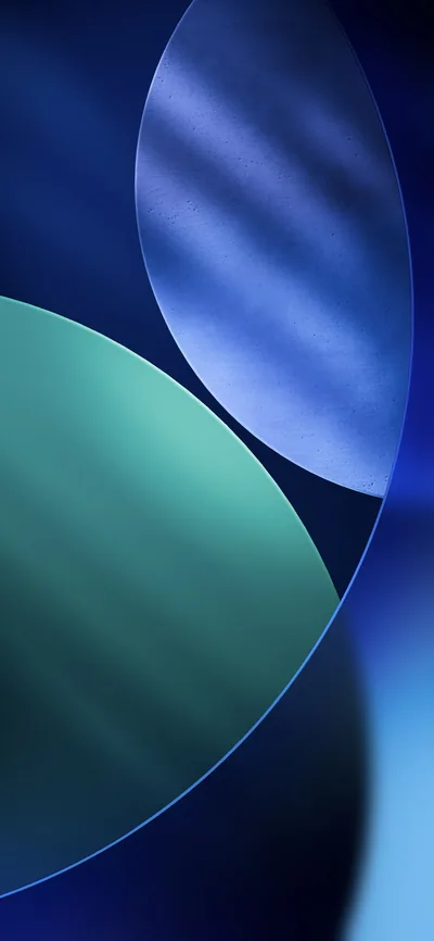 Two large brushed circles, one deep blue and one sea green, cross near the centre against a darker blue field.