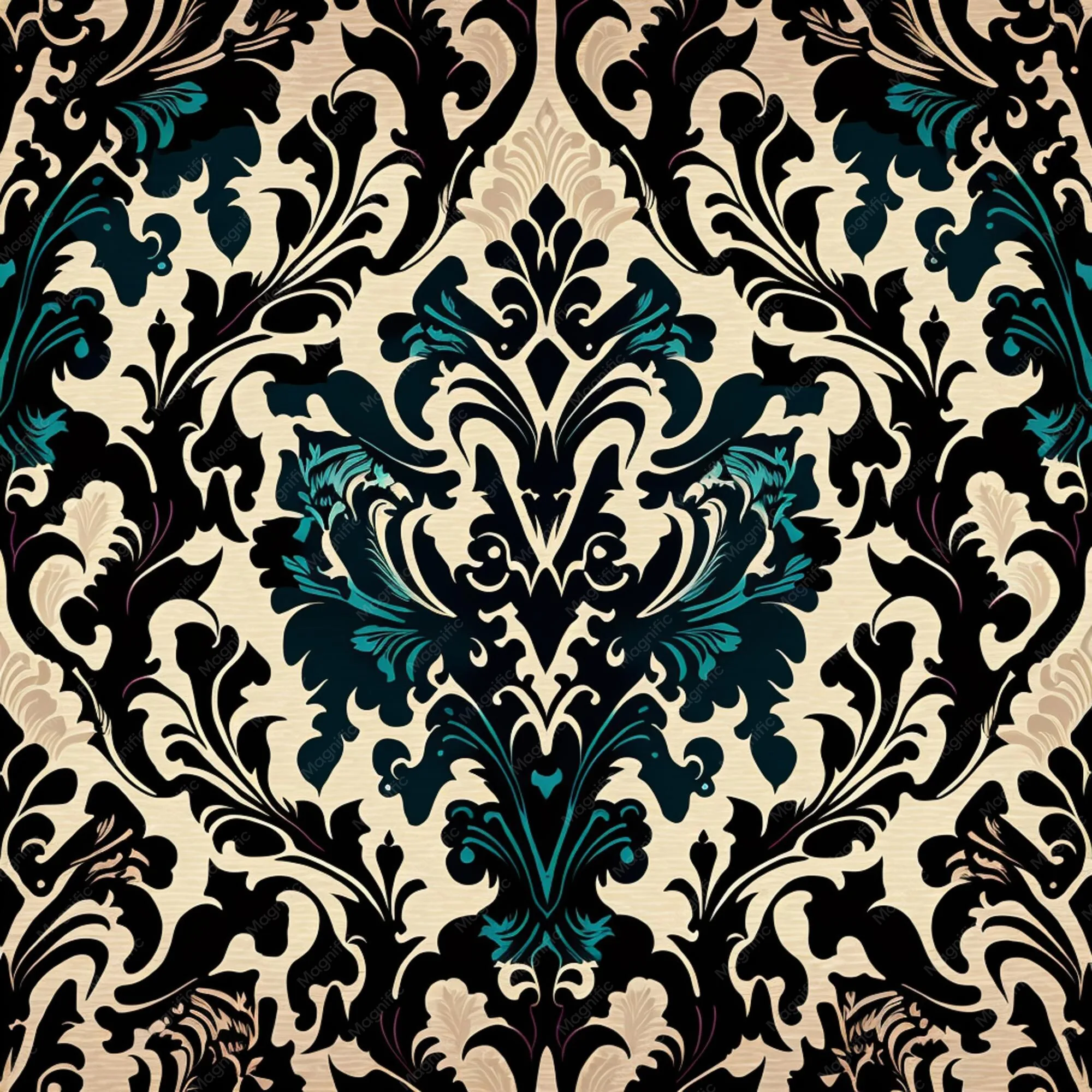 Heavy baroque flourishes in black and deep teal fill a pale cream ground, a bold high-contrast repeat closer to classic wallpaper print than to a dark theme.