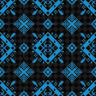 A blue and black pattern of snowflakes on a black background