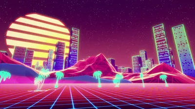 Vaporwave City with Palm Trees HD Wallpaper