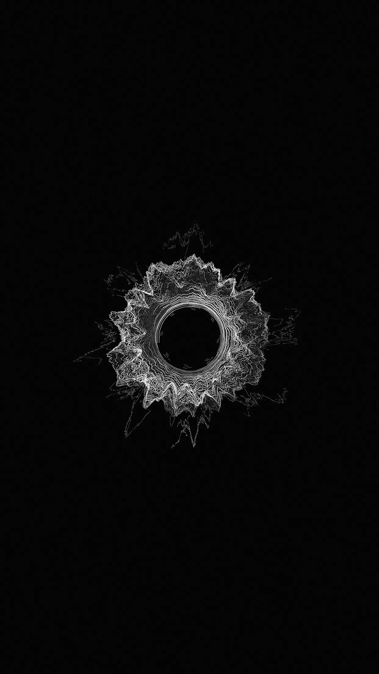 A jagged ring of pale smoke circles a solid black disc at dead centre, and both the top and bottom thirds stay empty for icons.