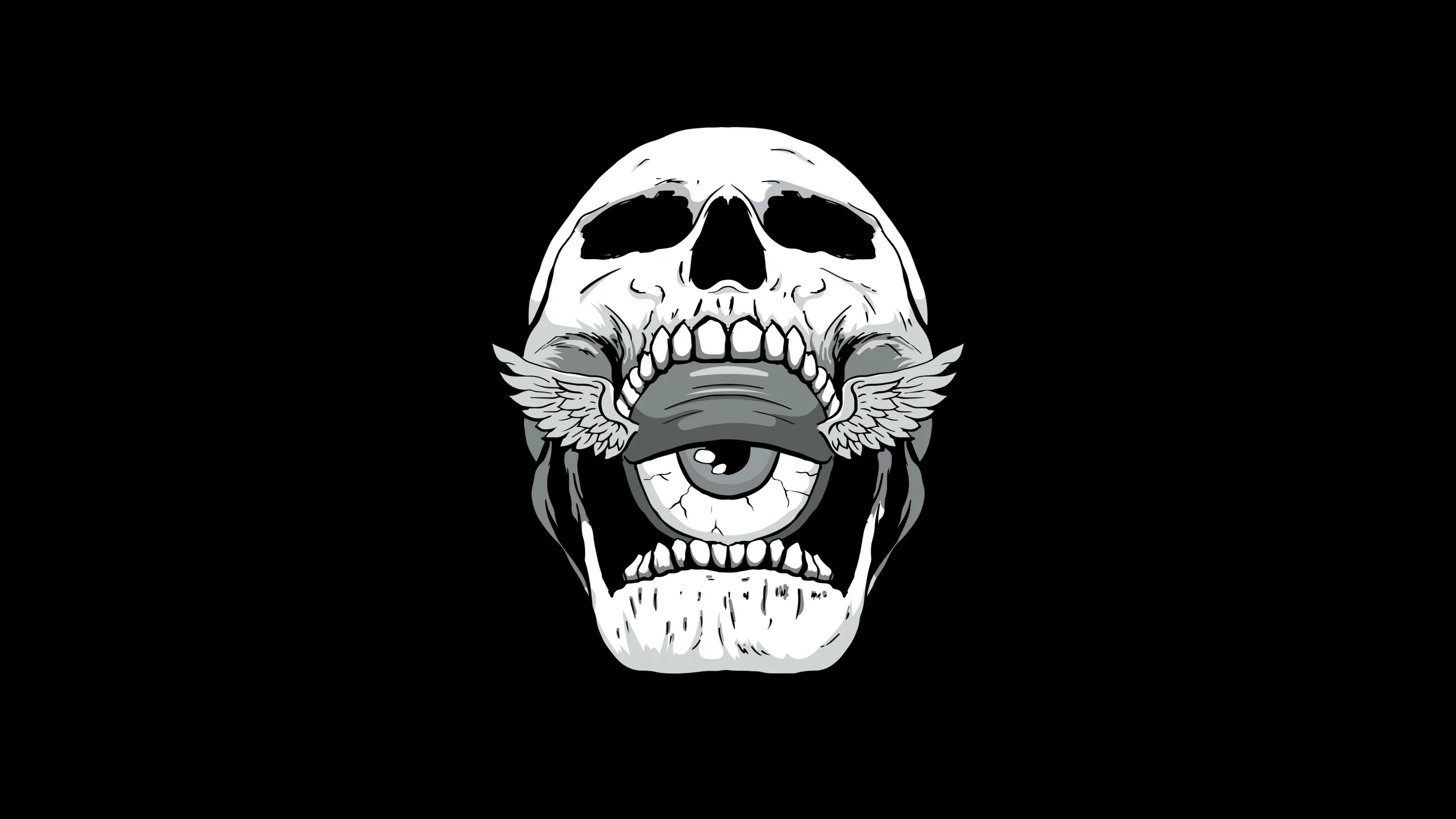 A white cartoon skull opens its jaw around a single eyeball with feathered wings, drawn in clean line work on solid black.